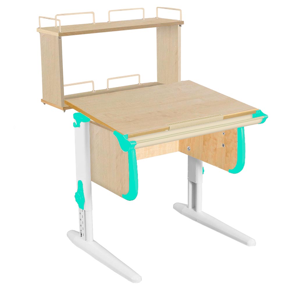 Парта Дэми СУТ-24-01Д1 75см с надстройкой клен/аквамарин/белые ноги