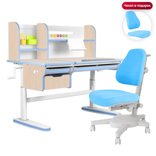 Комплект Kinderzen Dali Plus парта + кресло + надстройка + выдвижной ящик + органайзер + подставка для книг клен/голубой с голубым креслом Armata